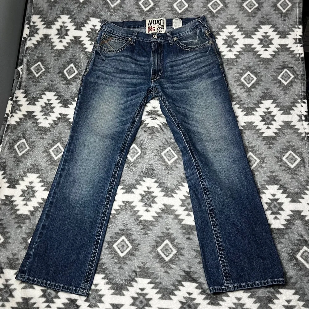 Ariat M6 Slim Boot Jeans 36x32 Mens Med Wash 100% Cotton Denim Pocket Embroidery